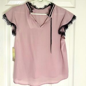 NWT-Pink Blouse with Black Lace Trim by Lily White